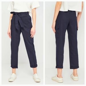 Zara Navy Blue Linen Roll-Up Cargo Pants XS Cropped High Rise Tie Belt Women's